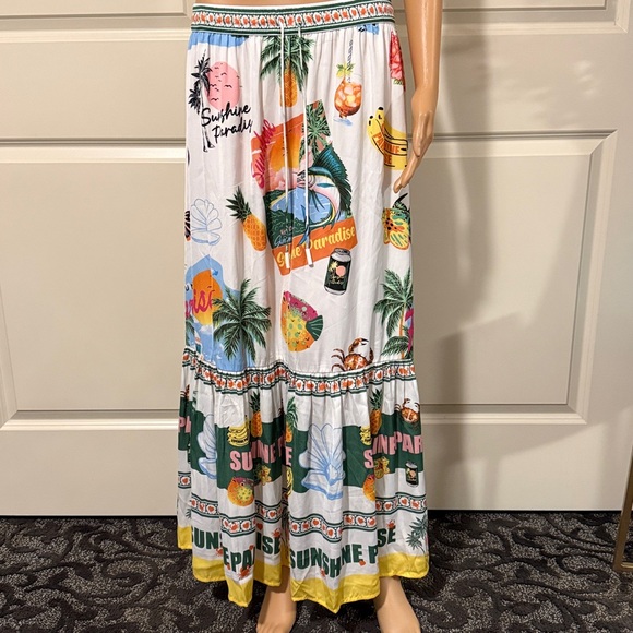 New Rachel Zoe Sunshine Paradise Palm Ocean Fish A-Line Tier Maxi Skirt - Picture 9 of 13